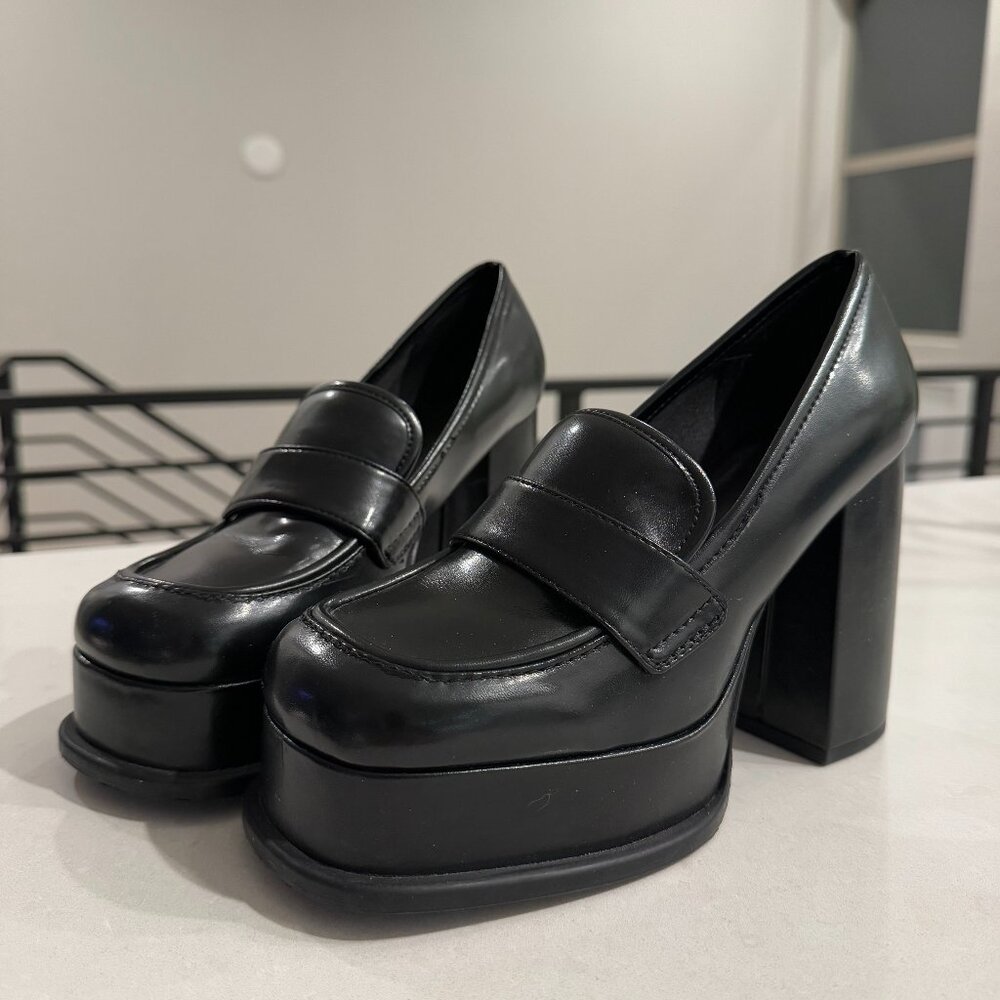 H&M Black Leather Platform Heeled Loafers